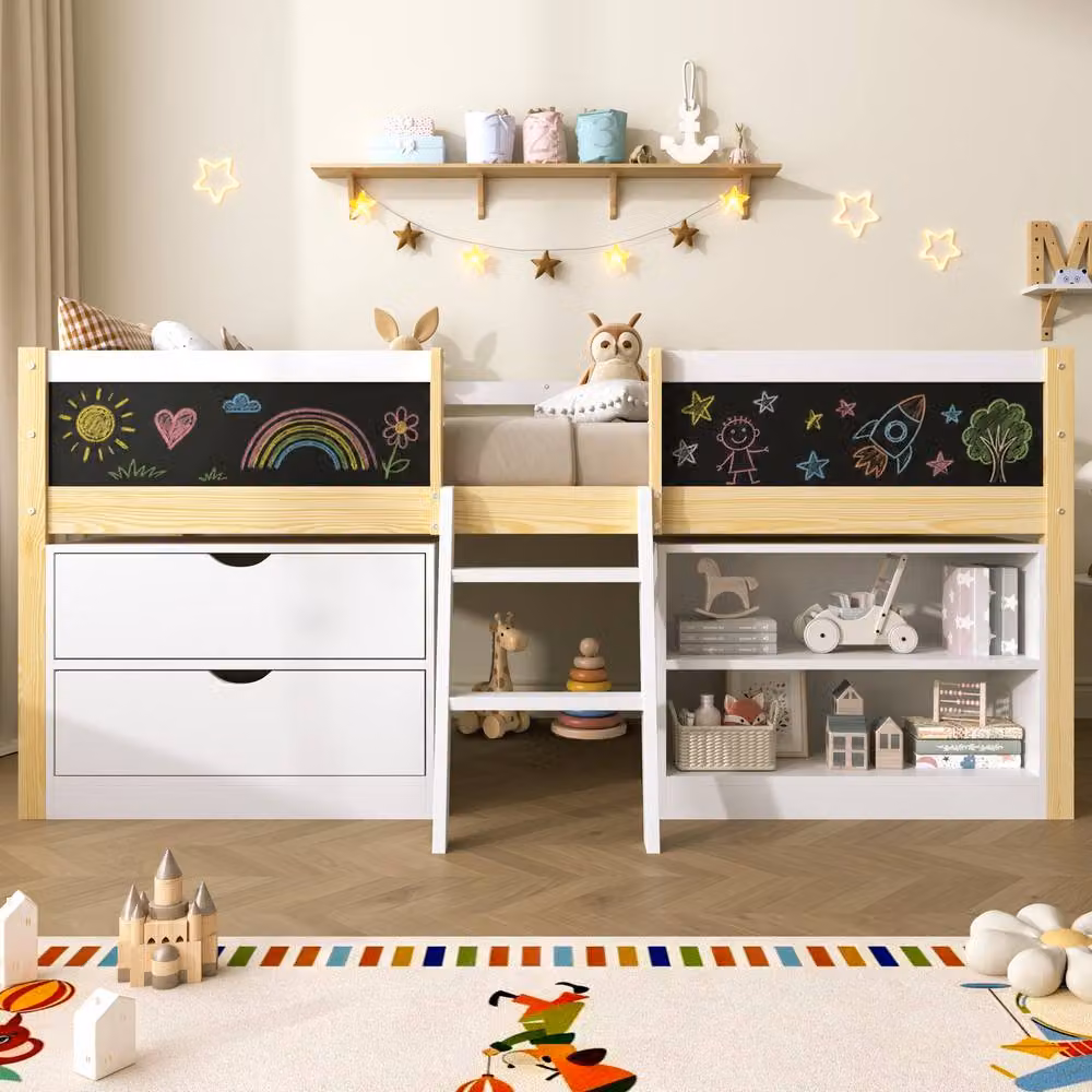 BTM Single Low Loft Bed with Blackboard and Storage Drawers in White – 2