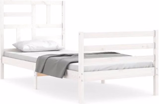 Berkfield Home Solid Wood Bed Frame with Headboard in White, W/D/H: 90 x 200 cm – 1