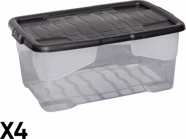 Samuel Alexander 4 x 42L Clear and Black Stackable Storage Boxes with Lids – 1