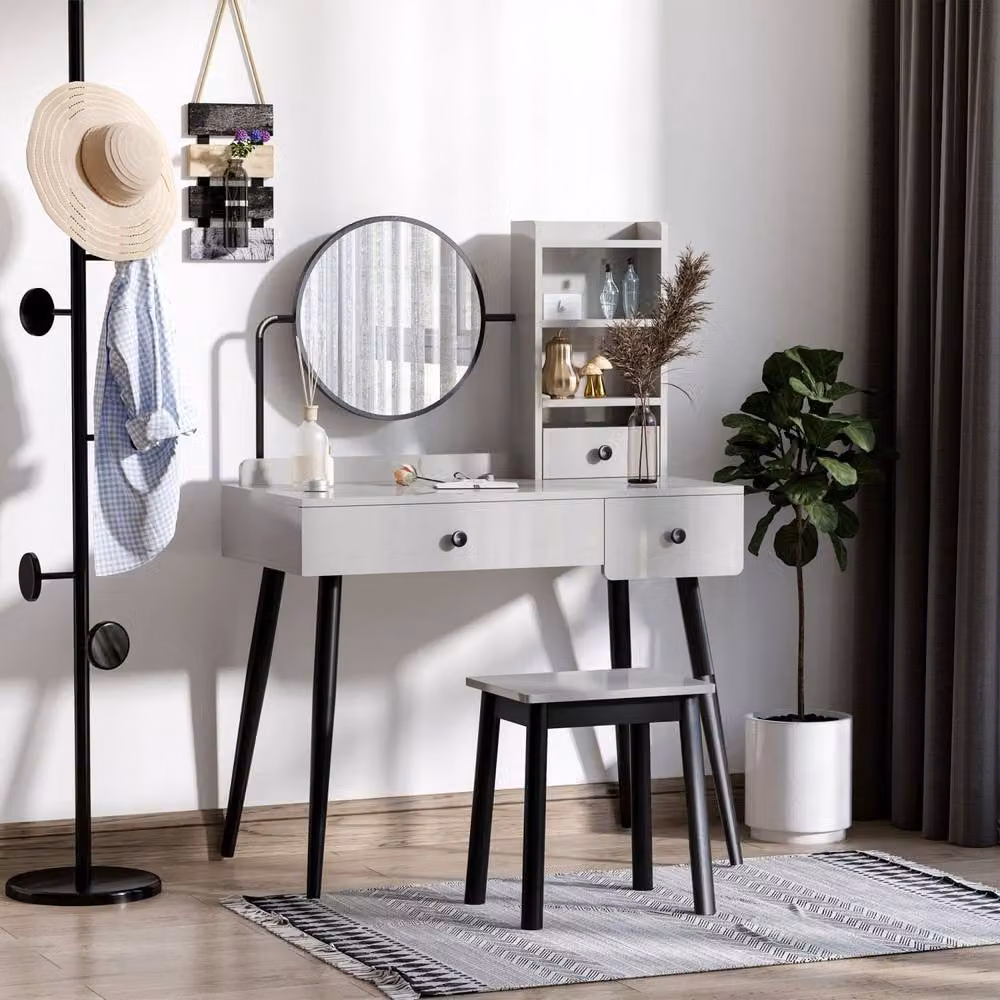 Wyld Haus Ravato Grey Dressing Table and Stool Set with 3 Drawers and Open Shelving – 5