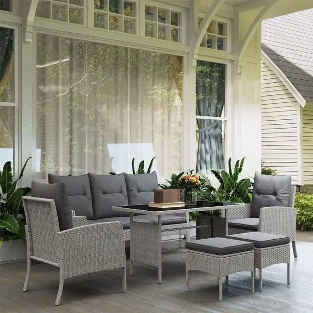 Outsunny Modern Rattan Garden Furniture Set with Armchairs, Sofa and Footstools in Light Grey