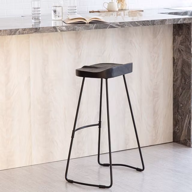 MH London Modern Black Kitchen and Dining Bar Stools with Mango Wood and Metal Frame