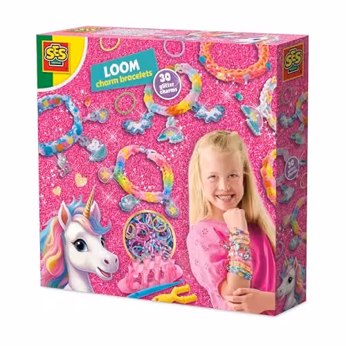 SES Creative Unicorn Loom Bracelet Set in Multicolour – DIY Jewellery Craft Kit with 600 Bands, Beads, Glitter Unicorn Charms and Weaving Tools