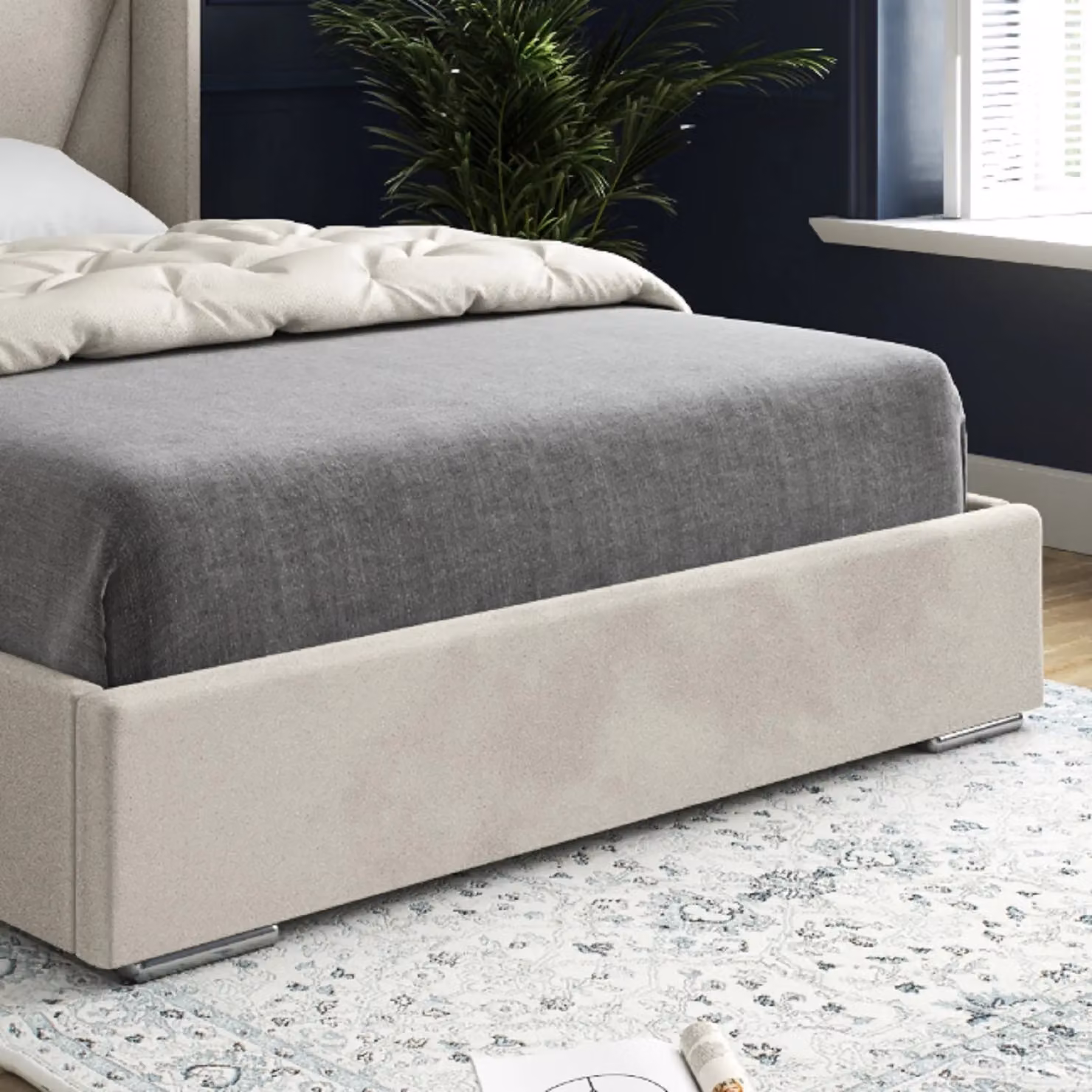 Casani Bellini Small Single Wide Curved Winged Upholstered Velvet Bed Frame in Beige – 3