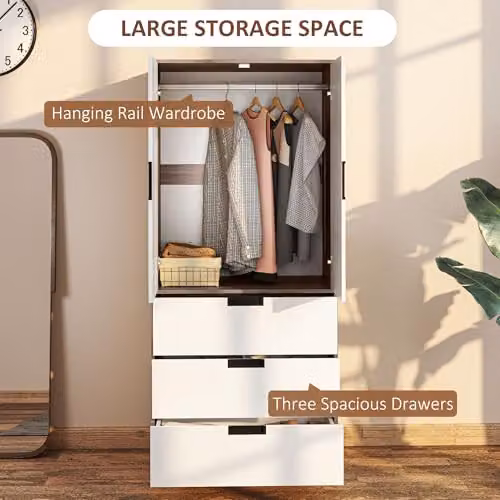 HOMCOM Modern 2 Door Wardrobe with 3 Internal Drawers and Hanging Rail, Brown and White, W/D/H: 80 x 50 x 180 cm – 3