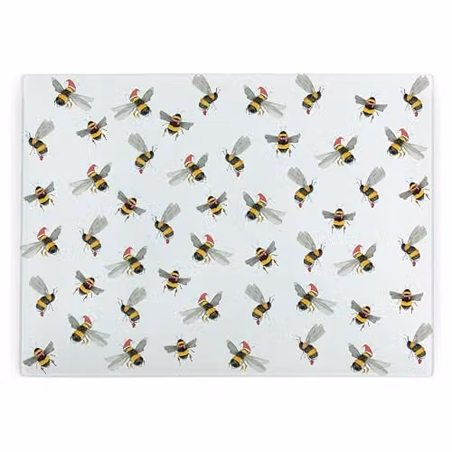 Purely Home Christmas Bees Glass Rectangular Chopping Board with Non-Slip Feet, W: 39 cm, D: 28.5 cm