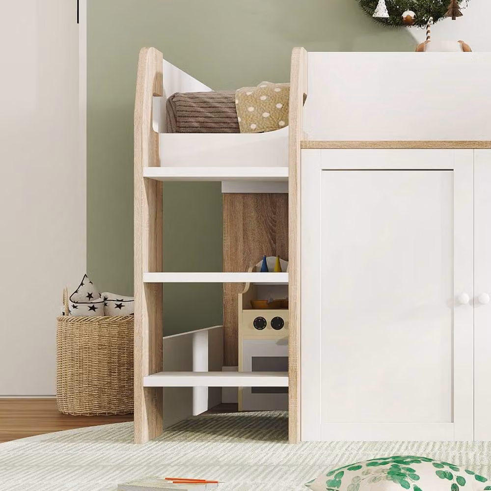 BTM White Wooden High Sleeper Single Bed with Side Storage Compartments and Stairs, W/D/H: 120 x 90 x 190 cm – 3
