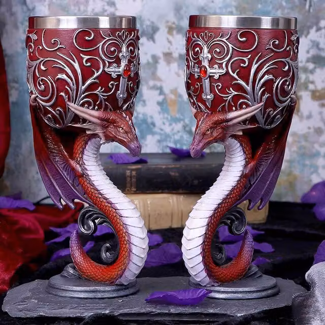 Nemesis Now Dragons Devotion Goblets Set of 2, Red and Silver, Height: 18.5 cm