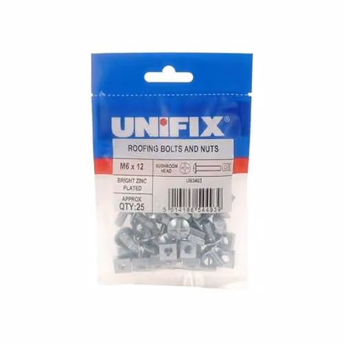 Unifix Silver Galvanised Mushroom Head Dome Roofing Bolts and Nuts, M6 x 12mm, Box of 125 – 2