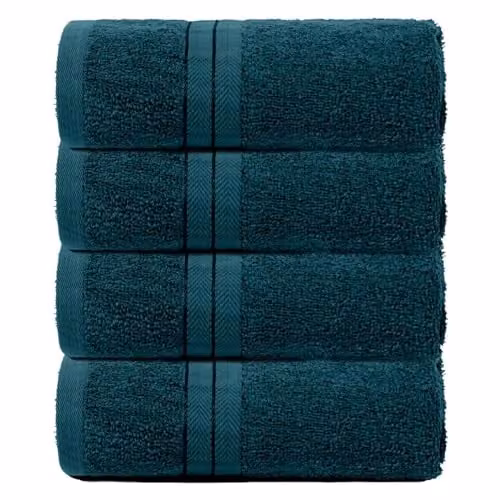 OHS 4 Pack of Fluffy 100% Cotton Hand Towels in Petrol Green with Hanging Loops – 1