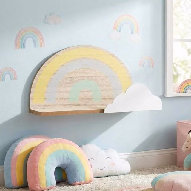 Garden Greatness Floating Rainbow Cloud Wall Mounted Wood Shelf in White and Multicolour, W/D/H: 40 x 20 x 20 cm