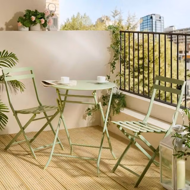 VonHaus 2 Person Folding Garden Bistro Table and Chairs Set in Matt Green – 1