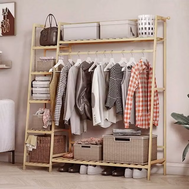 EONLION Bamboo Single Rod Clothes Rail in Light Oak Brown