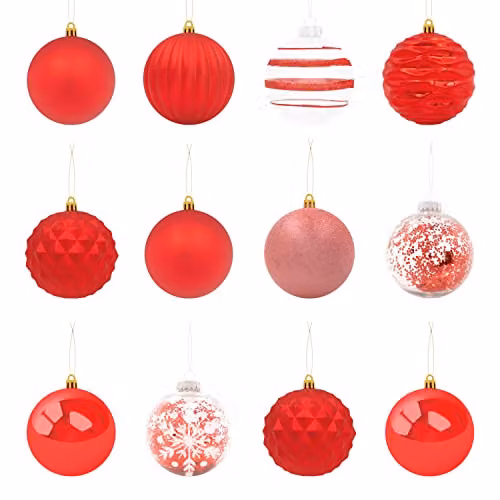 The Christmas Workshop Set of 12 Shatterproof Textured Red Plastic Baubles with Hanging Strings