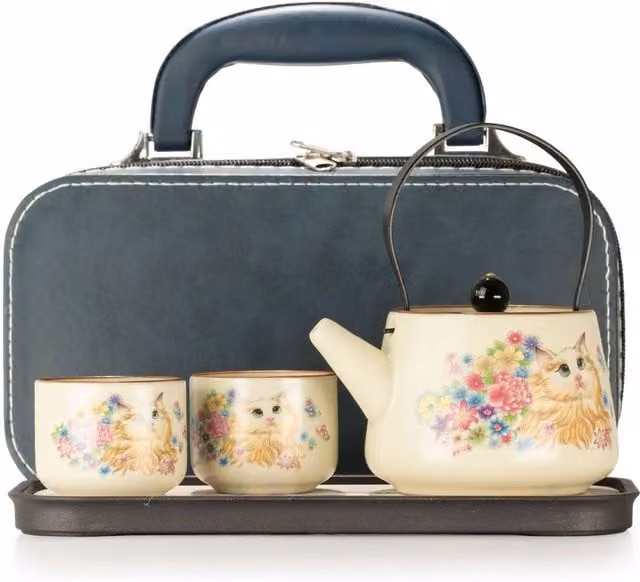 Serenityy Ceramic Travel Teapot Set with Two Cups in Beige Cat Design
