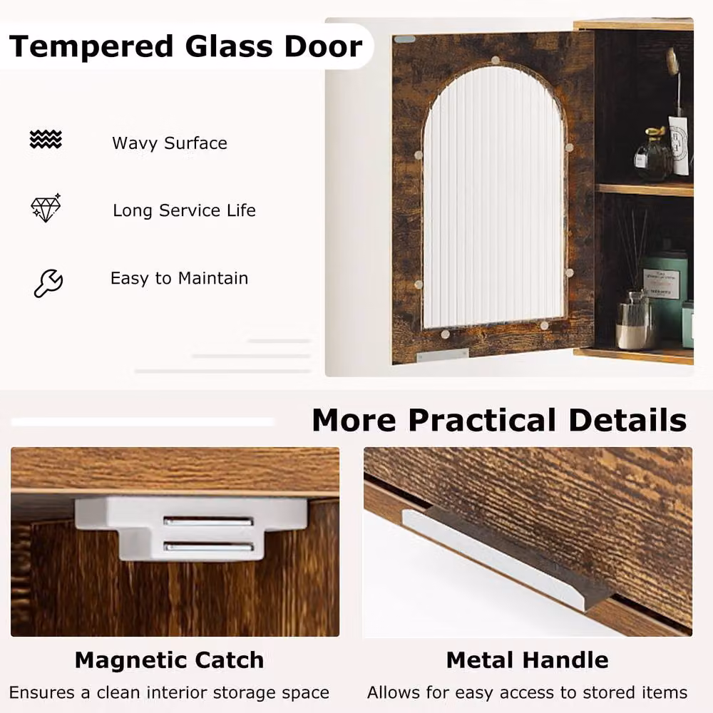 Costway Brown Wooden Wall Mounted Bathroom Medicine Cabinet with Glass Doors and Adjustable Internal Shelf – 6