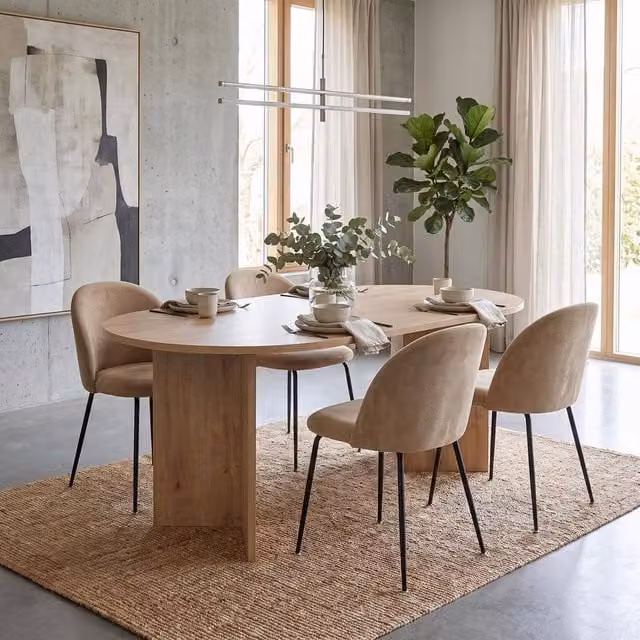 FWStyle 5 Piece Dining Set with Oak Rectangular Table and 4 Mustard Chairs in Brown, W/D/H: 180 x 90 cm