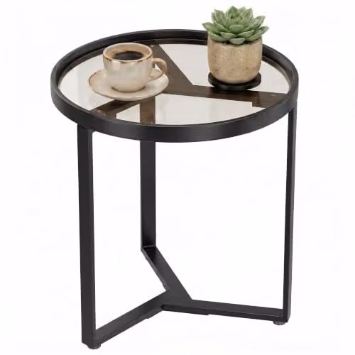 HOMCOM Modern Round Side Table with Transparent Glass Top and Black Metal Frame