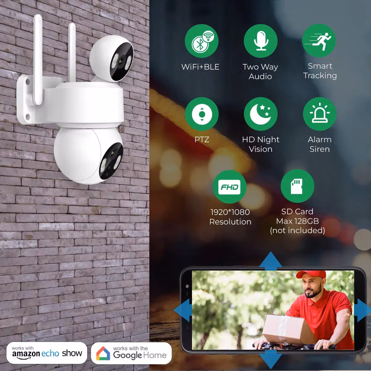 ENER-J Smart Wi-Fi Dual Lens Outdoor Dome IP Camera, White, IP65, 30m – 5