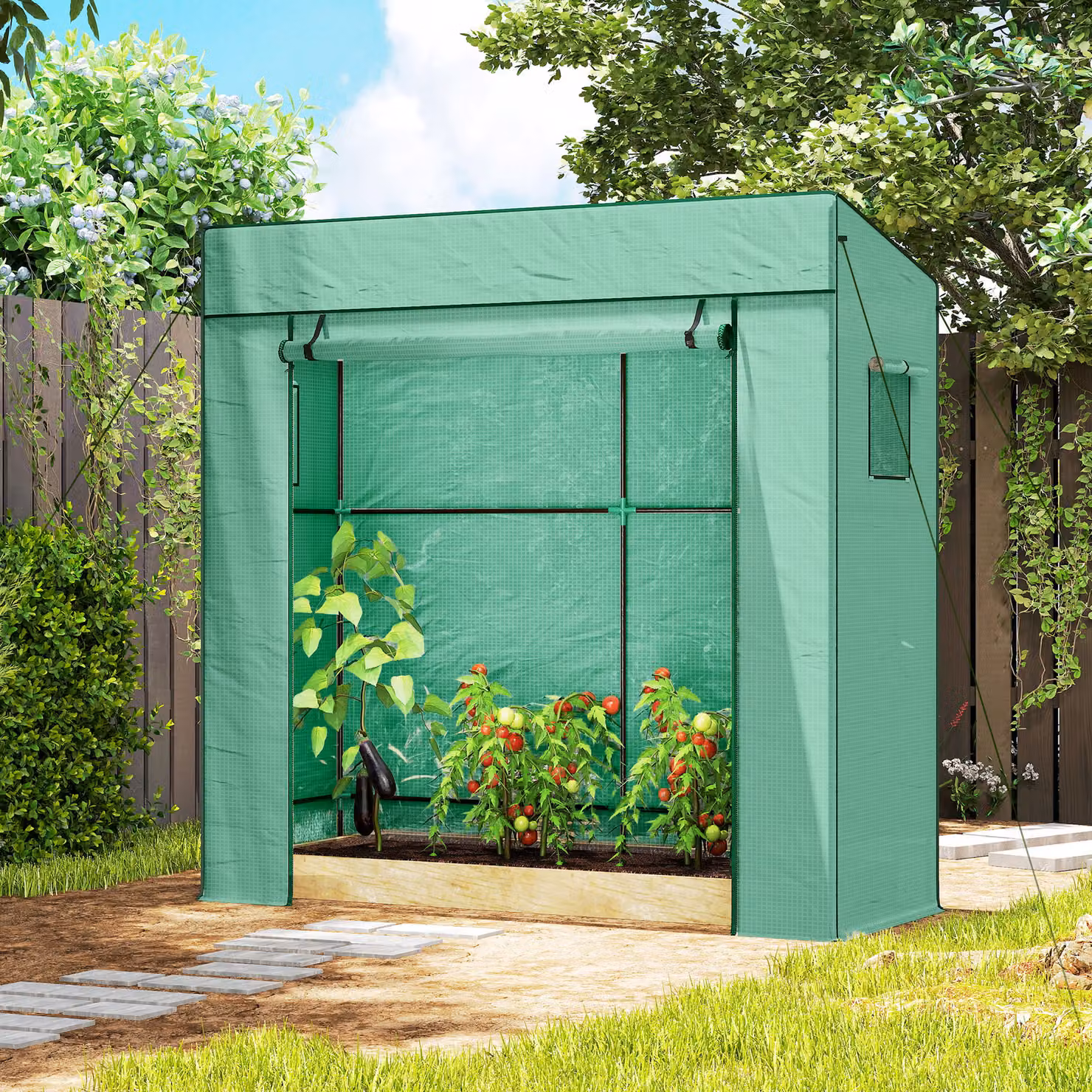 Outsunny Lean-to Walk-In Greenhouse with Plastic Cover and Windows in Green – 4
