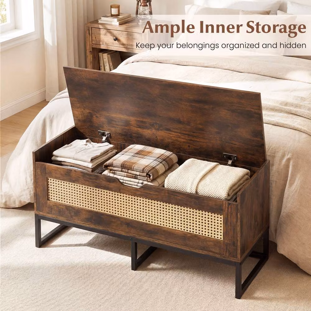 Costway Rattan Storage Chest and Wicker Shoe Bench with Padded Seat and Flip-Top in Brown – 4
