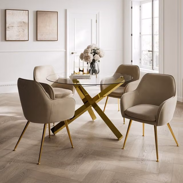 LPD Home Pair of Tara Burnt Dining Chairs in Light Fawn Velvet with Gold Metal Armrests