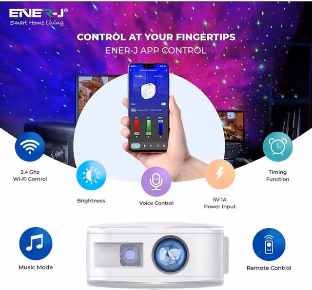 Ener-J Galaxy Star Light Projector with Nebula Sky Effect, Smart WiFi, Remote and Voice Control, Neutral