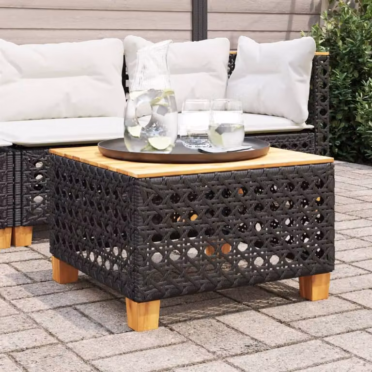 Berkfield Home Black Poly Rattan and Acacia Wood Square Garden Table W/D/H: 55 x 55 x 36 cm