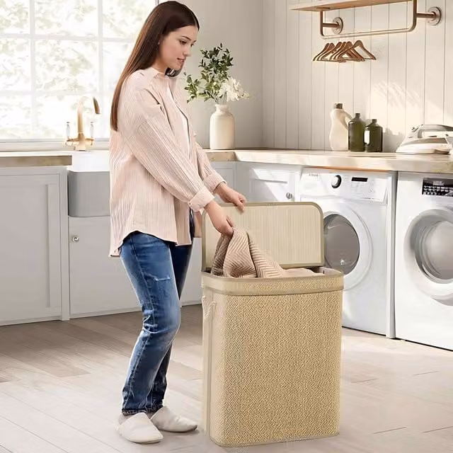 The Bazaarist Bamboo Laundry Hamper with Lid, Removable Cotton Liner and Handles, Beige and Brown
