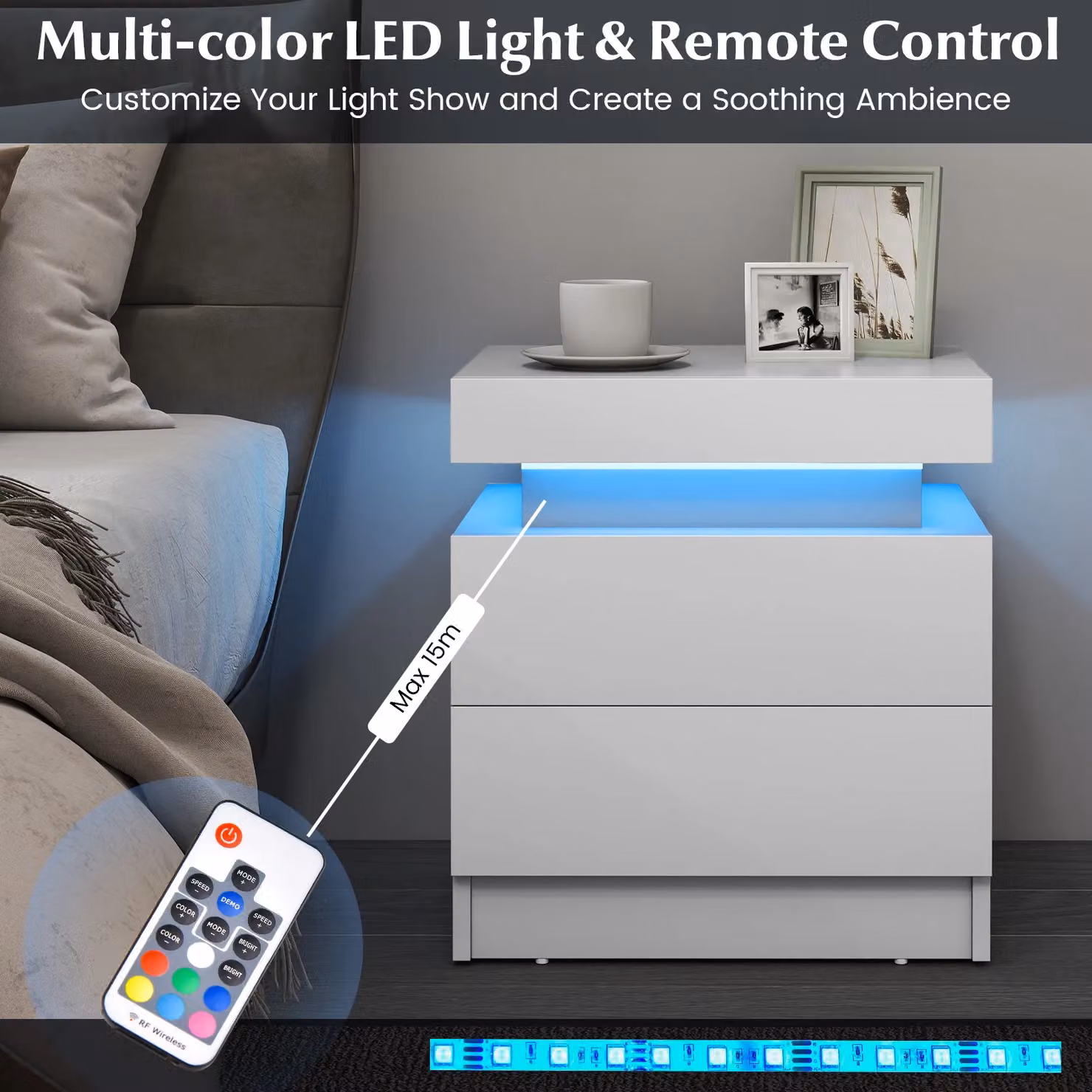 Gymax LED Faux Marble Nightstand with 2 Drawers in White – 2