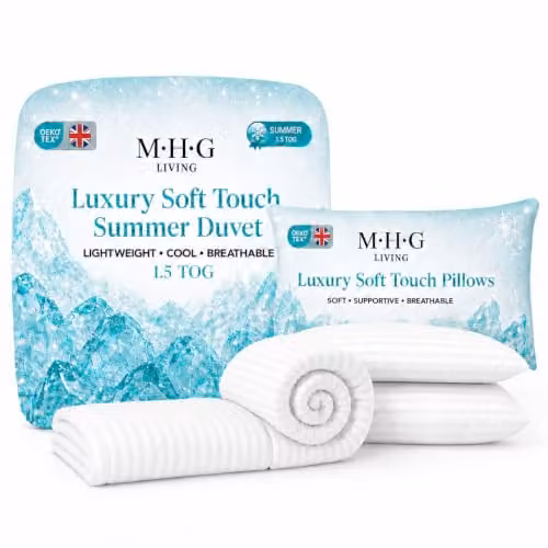 MHG Living Super King Lightweight Summer Duvet and 2 Pillows Set, White, W: 260 cm, D: 220 cm, 1.5 Tog, Hypoallergenic Hollow Fibre Bedding