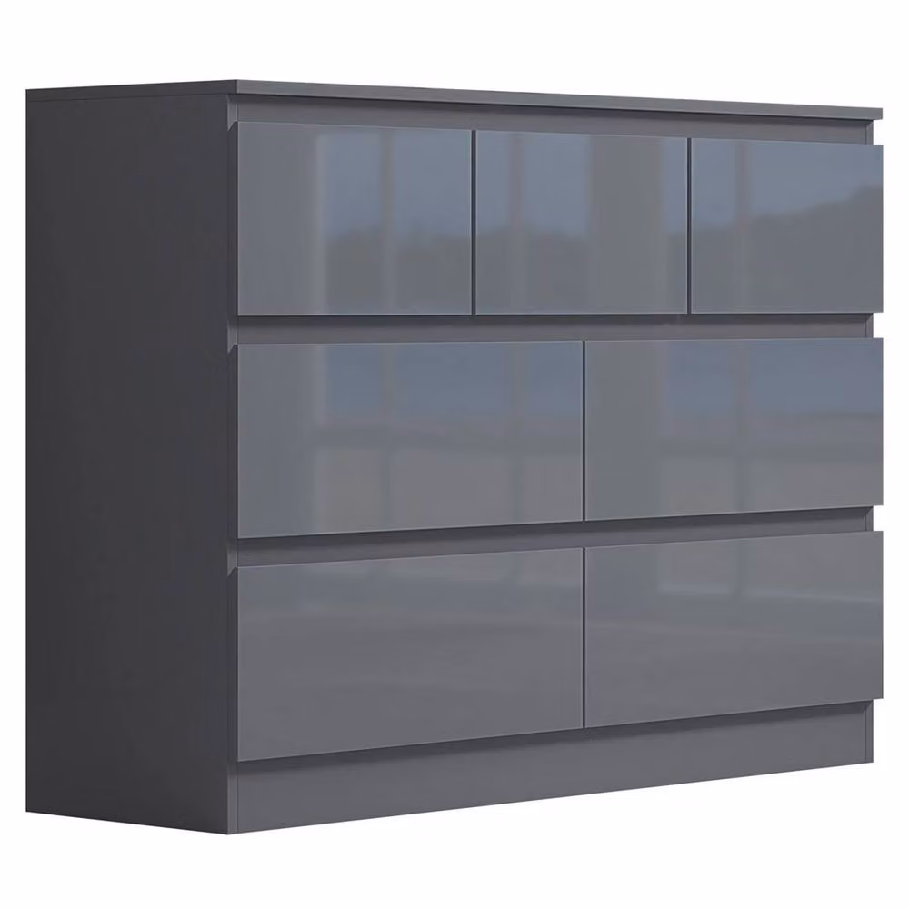 VOGREX 7 Drawer Chest of Drawers with Grey Gloss Fronts and Matt Frame – 2