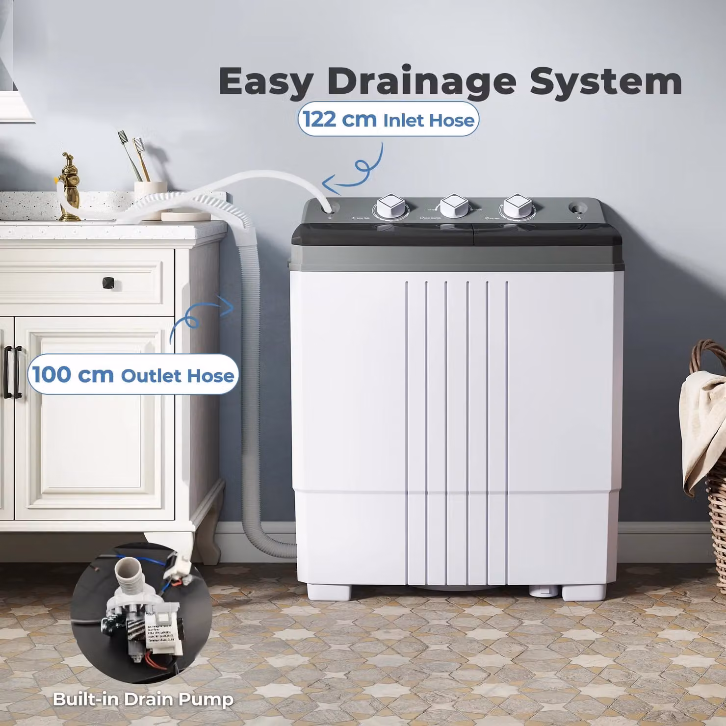 Costway Portable Twin Tub Washing Machine, 8kg Capacity, Grey – 2