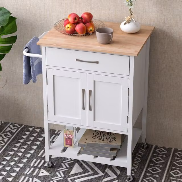 Costway Rolling Kitchen Island Mobile Serving Cart with Drawer and 2 Door Storage Cabinet in White