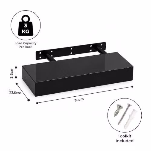 iTrend Set of 2 Black High Gloss Floating Wall Shelves, Modern MDF Wall Mounted Storage Shelves for Living Room, Kitchen and Bathroom, Height: 30 cm – 4