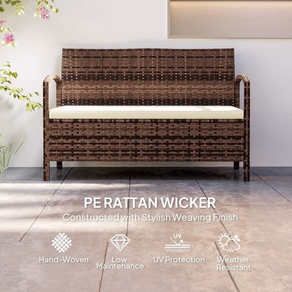 OUTSUNNY Brown Rattan Garden Bench with 125L Storage and Cushions – 4