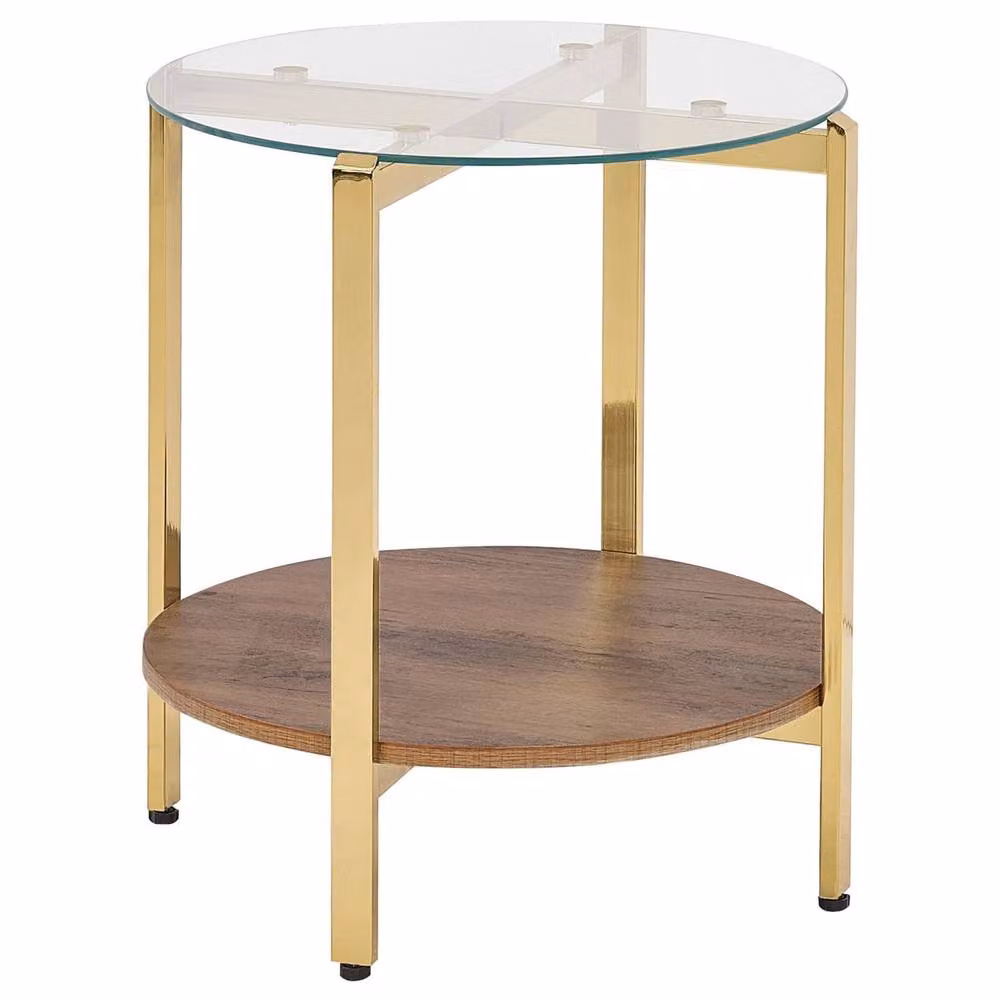 Wyld Haus Gold and Brown Round Side Table with Tempered Glass Top and Wood Shelf, Diameter: 50 cm – 2