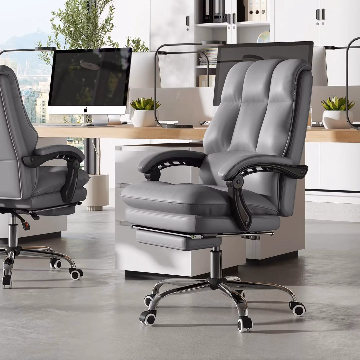 Costway Ergonomic Grey PU Leather Office Chair with Swivel Seat and Headrest – 9