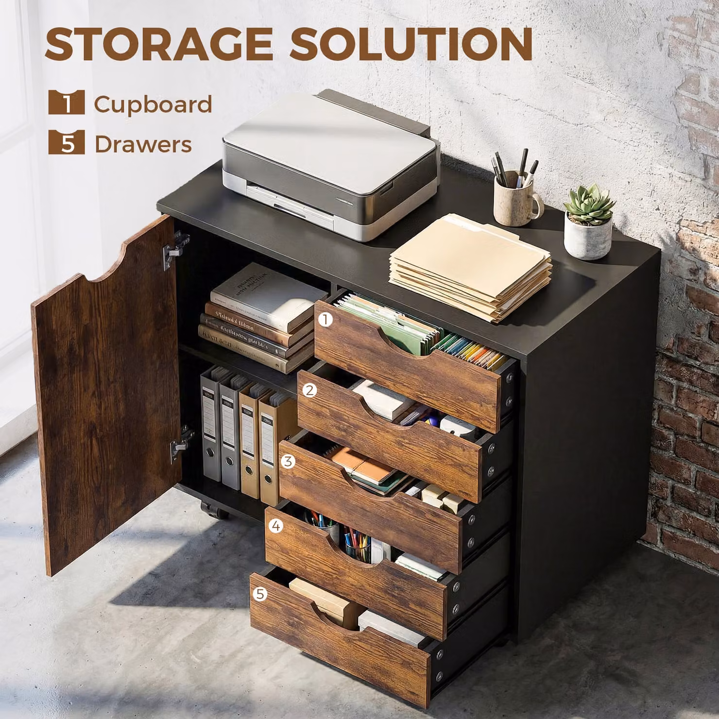 HOMCOM Multi-Storage Mobile Office Storage Cabinet in Rustic Brown – 4
