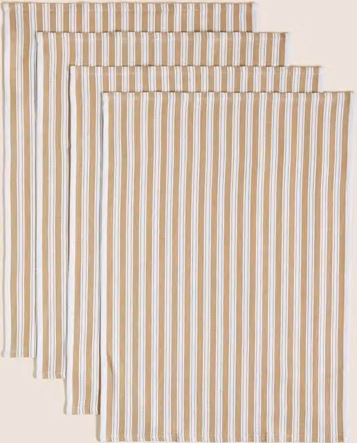 M&S Set of 4 Highly Absorbent Cotton Rich Basket Weave Striped Tea Towels in Beige