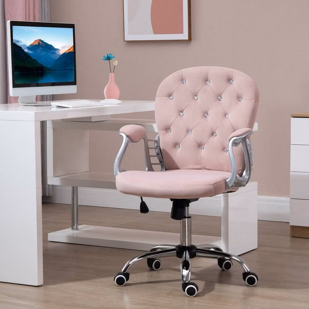 FORGEVIO Ergonomic Pink Velvet Office Chair with Armrests and Diamond Tufted Upholstery – 4
