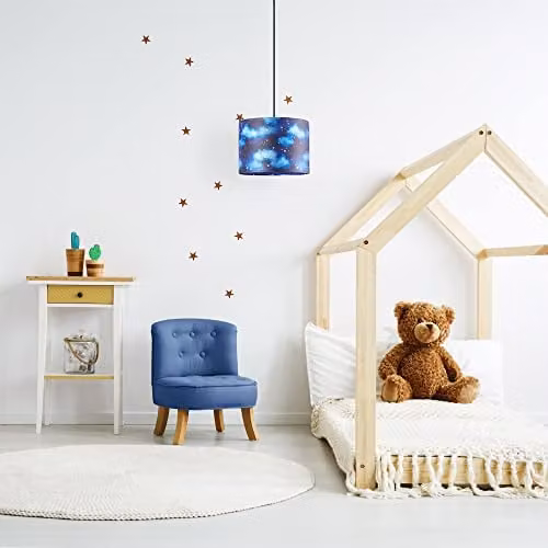 Happy Homewares Modern Round Fabric Childrens Drum Lamp Shade in Navy Blue with Gold Stars and White Clouds, Diameter: 25 cm – 5