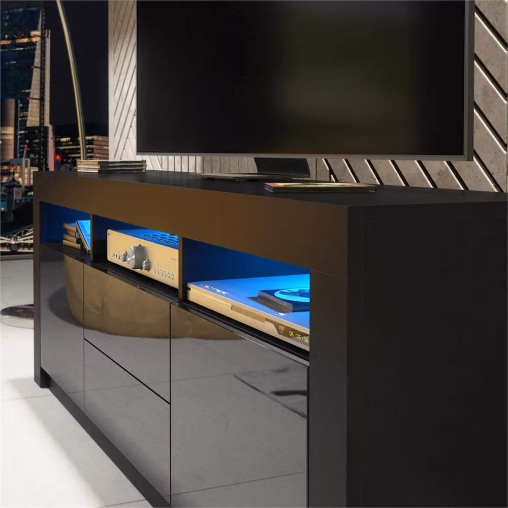 PAWNORA Modern TV Unit in Black Matt with Black High Gloss Fronts – 2