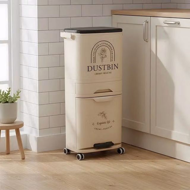 FORGEVIO Beige Large Capacity Mobile Recycling Bin with Drawer and Removable Inner Bucket