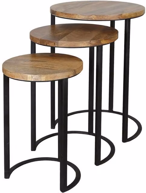 Jaipur Furniture Ltd Ravi Set of 3 Round Stools with Mango Wood Top and Iron Base in Brown and Black, W: 43 cm, D: 43 cm, H: 65 cm – 1