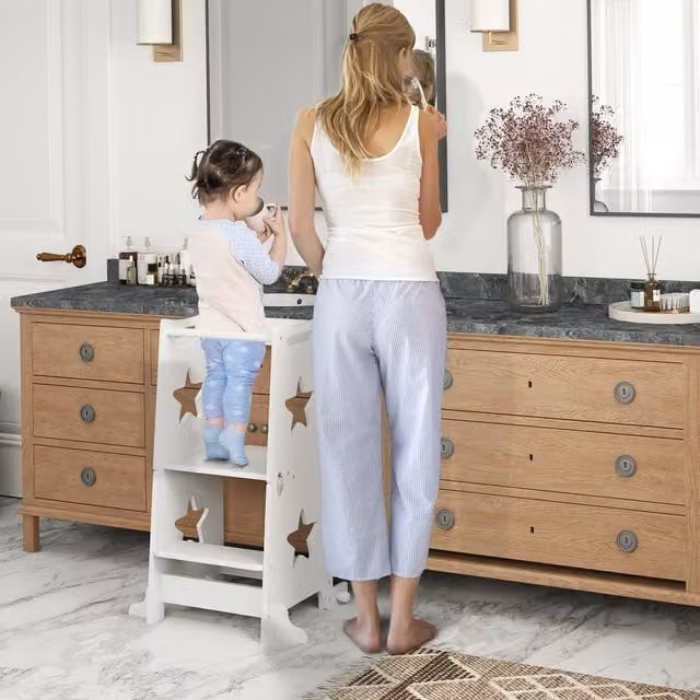 AIYAPLAY 2-in-1 Toddler Step Stool with Safety Rail for Kitchen, White