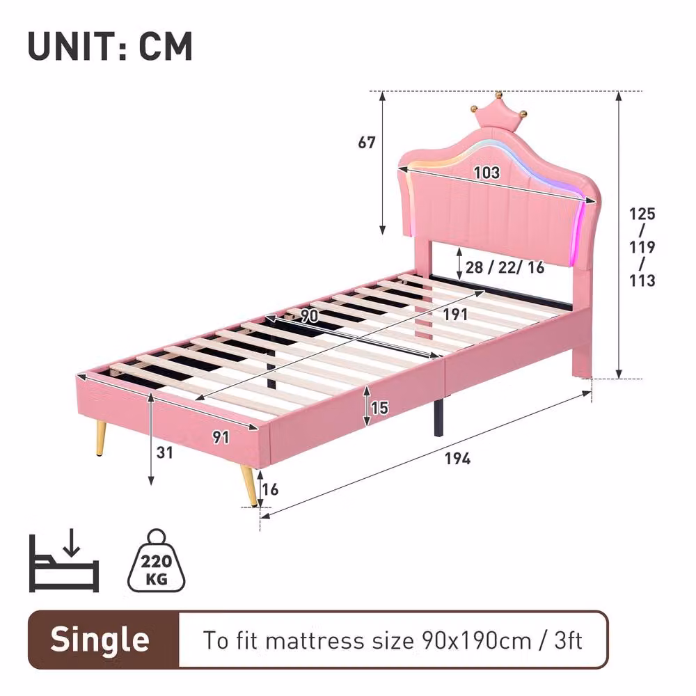 ModernLuxe Pink Upholstered Single Bed with Adjustable LED Crown Headboard and Under-Bed Lighting, W/D/H: 90 x 190 x 113 cm – 3
