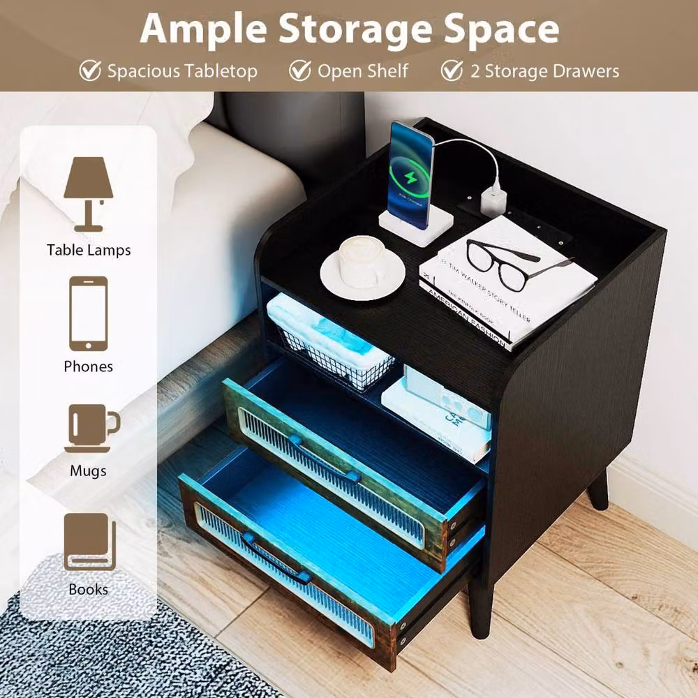 Costway Modern Black Bedside Table with Integrated Lighting and Metal Accents – 7