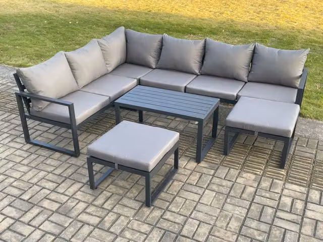 Fimous 8 Seater Outdoor L-Shape Corner Sofa Set with Oblong Coffee Table and 2 Ottomans in Dark Grey Powder Coated Aluminium
