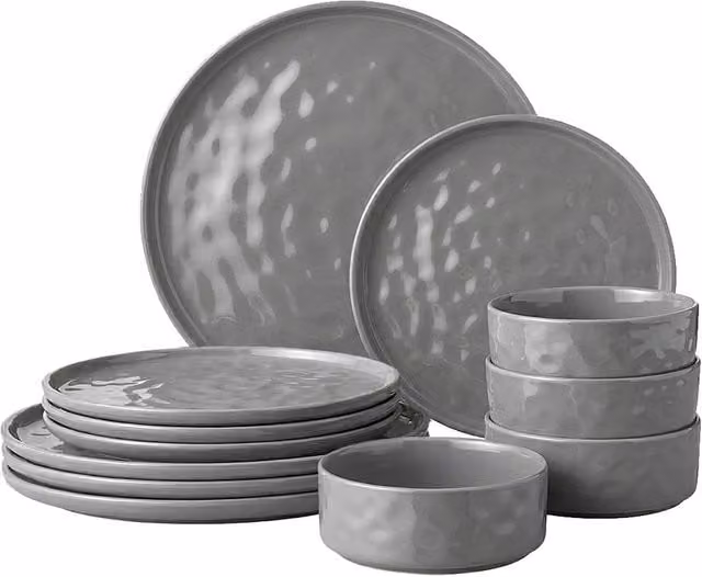 Simpa Artisan Hammered Range 12 Piece Grey and White Stoneware Dinner Set